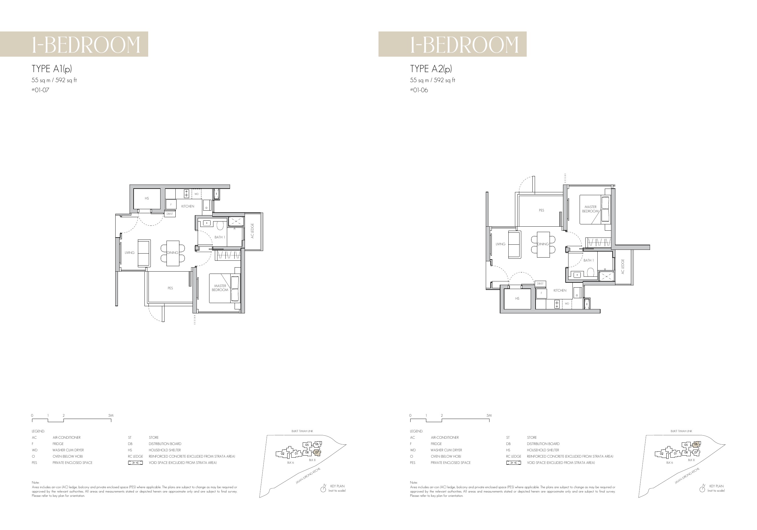 8@BT 1 Bedroom Types A1(p) & A2(p) · 592 sq ft floor plan