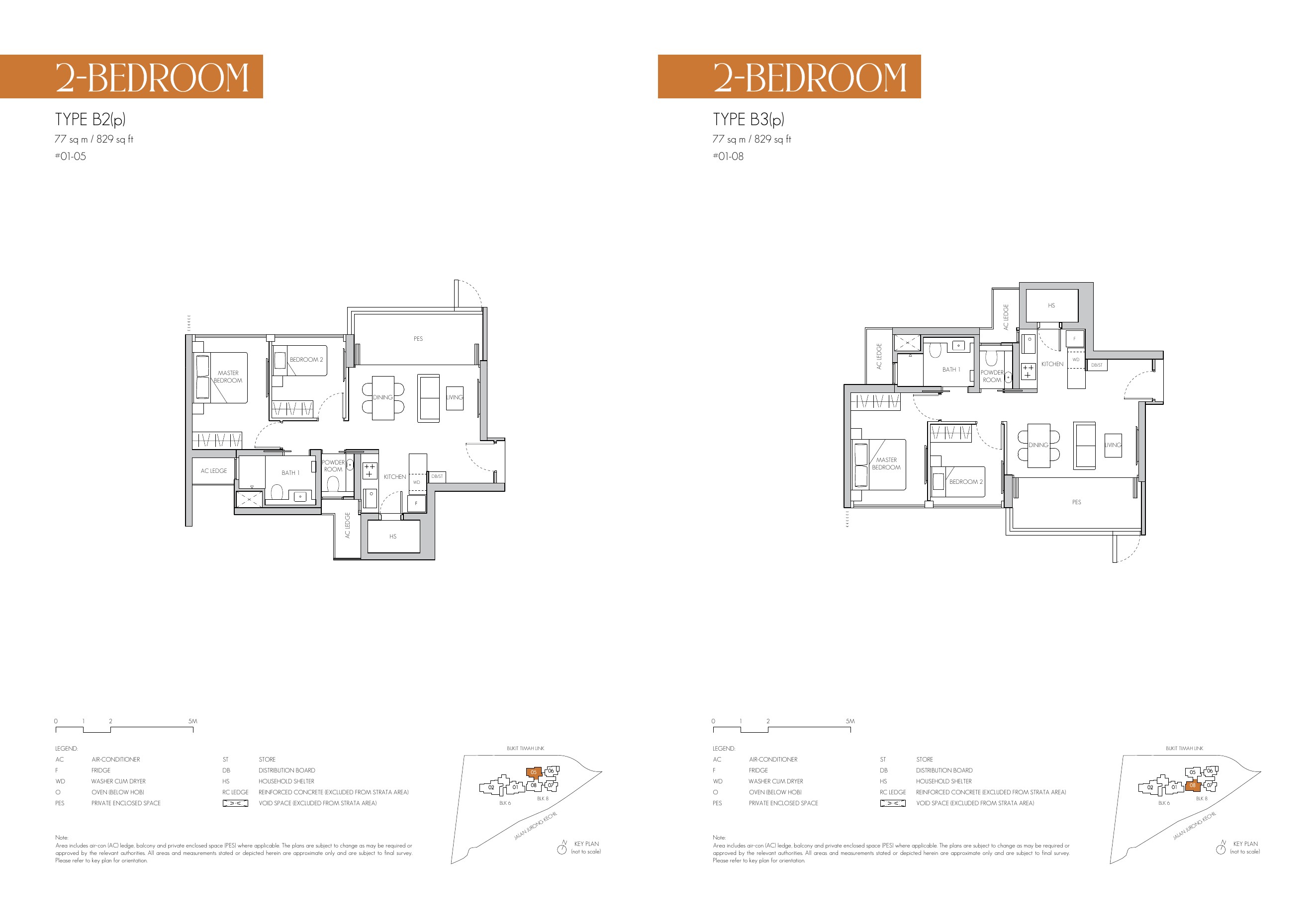 8@BT 2 Bedroom Types B2(p) & B3(p) · 829 sq ft floor plan
