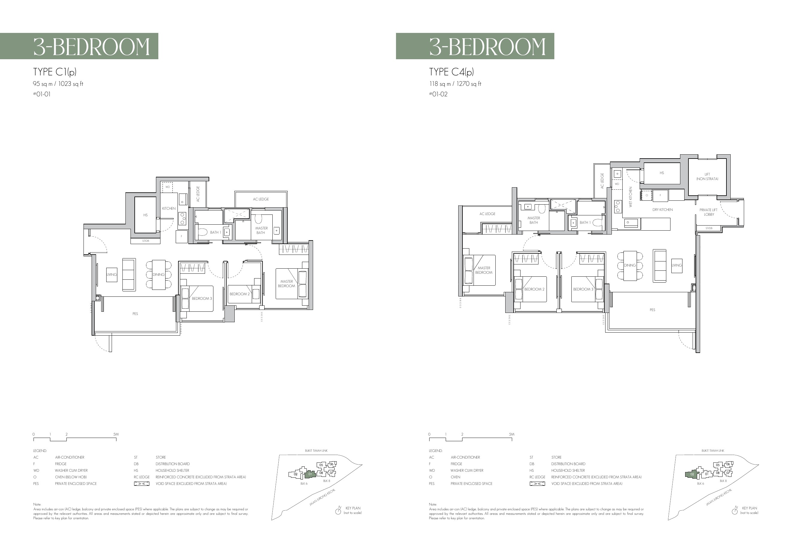 8@BT 3 Bedroom Types C1(p) · 1,023 sq ft & C4(p) · 1,270 sq ft floor plan